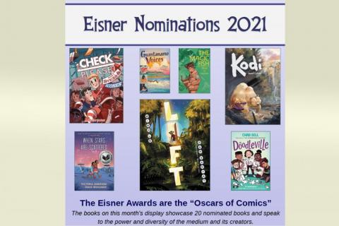 Comic book covers with text, Eisner Nominations 2021. The Eisner nominations are the "Oscars of Comics" 