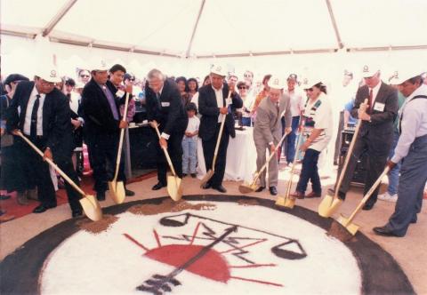 Photo of Ak Chin Council chairman Martin Antone, the Promus Companies chairman Mike Rose, and others at the groundbreaking of Harrah’s Ak Chin Hotel and Casino in 1994. 