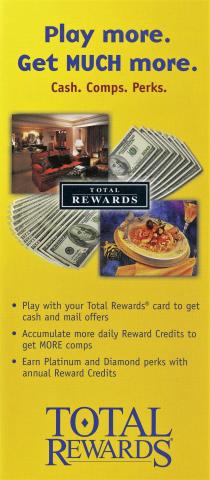 The front of this brochure advertises Harrah’s customer rewards program “Total Rewards,” 2002. Before “Total Rewards” the loyalty program was called “Total Gold” and was the first linked loyalty program usable across all locations of a single gaming corporation. The reverse of the brochure shows the various Harrah’s Entertainment, Inc. locations where customers could use their loyalty cards. Additionally, the location of Harrah’s casinos illustrates how the company expanded outside of Nevada into Native American and riverboat gaming markets in the South and Midwest.