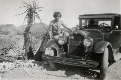 Dorothy Keeler with automobile, 1928
