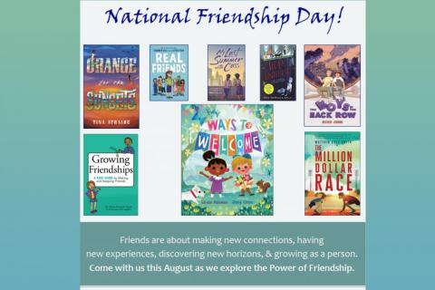 Shows covers of books on display for National Friendship Day