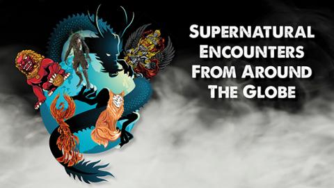 Image of a Dragon, Red Lion, Garuda Wisnu Kencana, Wendigo, Kitsune, and Phoenix surrounding a globe and shrouded in fog