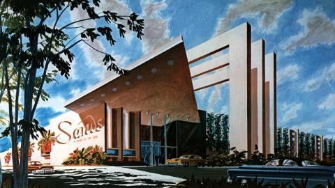 Architect's proposal for the façade and porte-cochère of the Sands Hotel, circa 1952. Sands Hotel Collection.