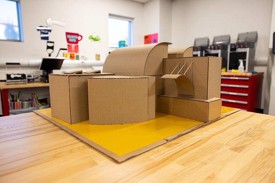 A cardboard model of Lied Library.