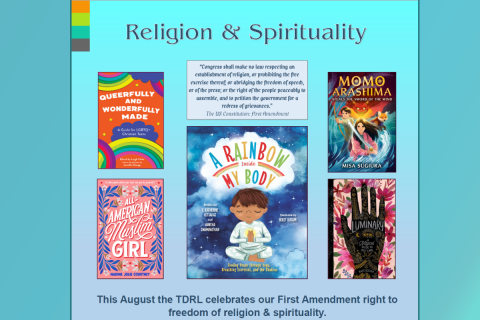 Image collage titled "Religion & Spirituality" featuring five book covers and a quote from the U.S. Constitution's First Amendment.