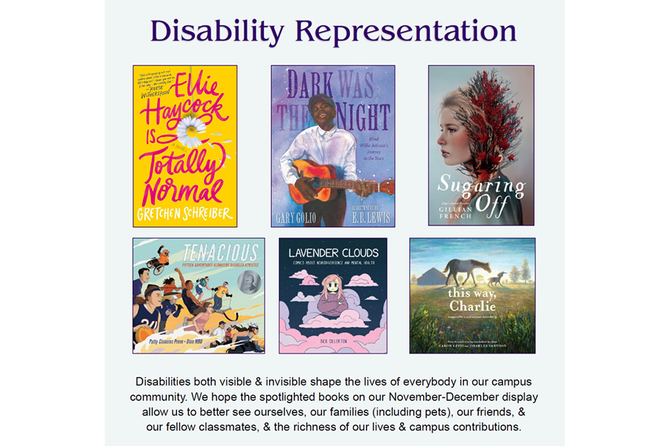Collage of six book covers titled "Disability Representation" depicting diverse themes, each cover arranged in two rows.