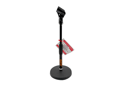 Black microphone stand with a round base. 