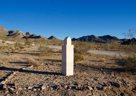 Emily Budd's Memorial for Queer Rhyolite, a temporary monument to dreams in the dust,  a public piece installed for the inaugural Bullfrog Biennial at the Goldwell Open Air Museum in Rhyolite, NV in October 2019