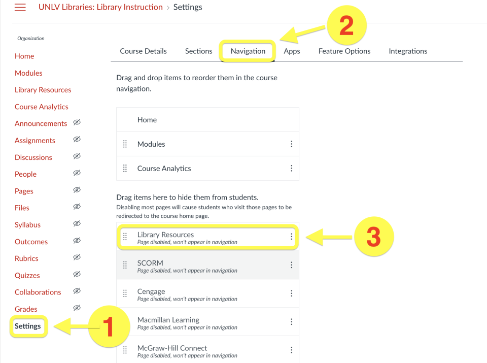 Screenshot showing the WebCampus course Settings page with the Navigation tab open. Settings, Navigation, and Library Resources are highlighted.