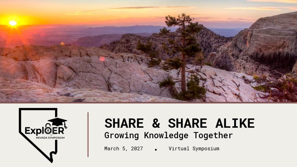 Banner featuring a colorful sunset over rocky mountains and trees above information for the “SHARE & SHARE ALIKE” virtual symposium on March 5, 2027.