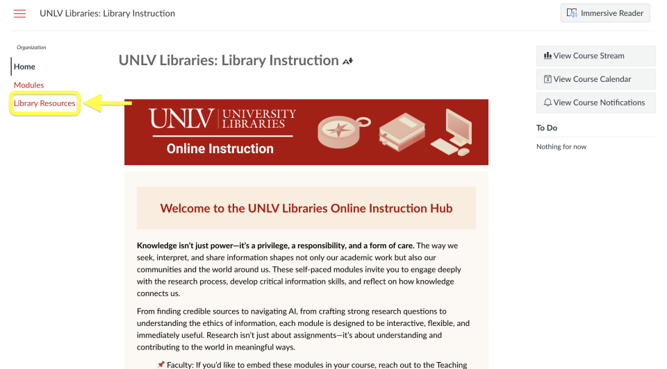 Screenshot of a WebCampus course homepage highlighting the ‘Library Resources’ link in the course navigation menu.