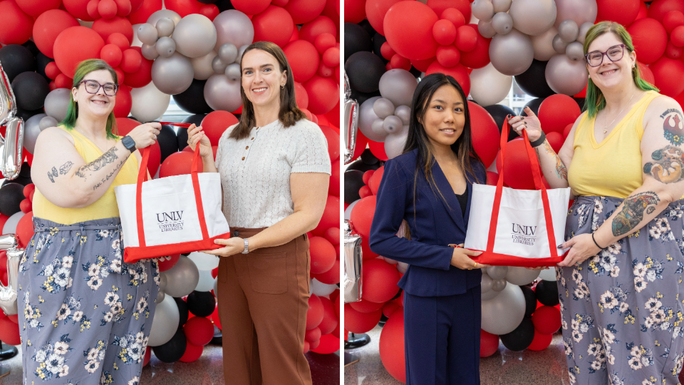 Two side-by-side photos of people holding white UNLV University Libraries tote bags in front of red, black, white, and gray balloon displays.