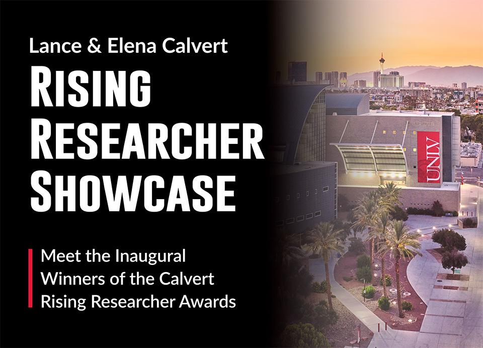 Aerial view of a university campus at twilight with landscaped areas, palm trees, and a modern building. The image features overlay text announcing the "Rising Researcher Showcase."