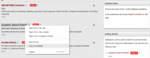 Screenshot showing "copy link address" option that appears after right-clicking on database name.