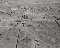 Black and white aerial photo of Nevada State University campus