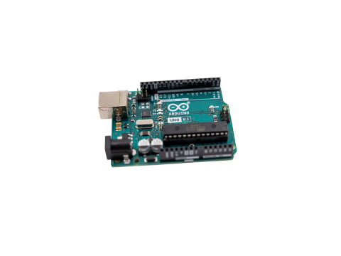 A teal circuit board with black pin headers and silver usb type-b ports.