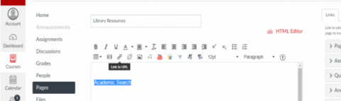 Screenshot showing chainlink icon selected on toolbar for adding a link to WebCampus.