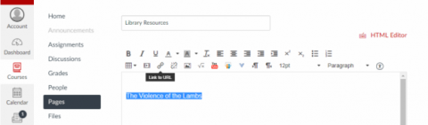 Screenshot showing chainlink icon selected on toolbar for adding a link to WebCampus.
