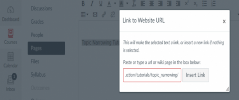 Screenshot showing the window that pops up for pasting the link URL.