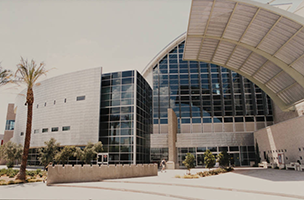 Color photo of taken just after completion of Lied Library showing the main (east) entrance