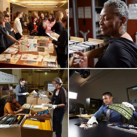 Four image collage depicting Special Collections and Archives staff working on various projects related to the archives.