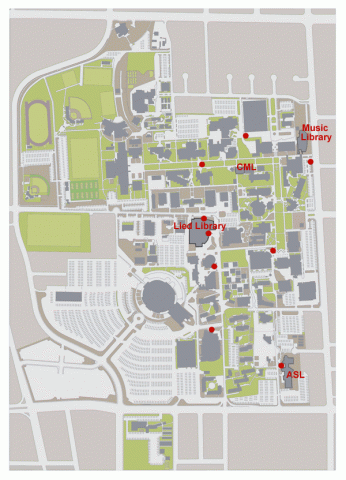 Map of UNLV campus showing dropbox locations across campus