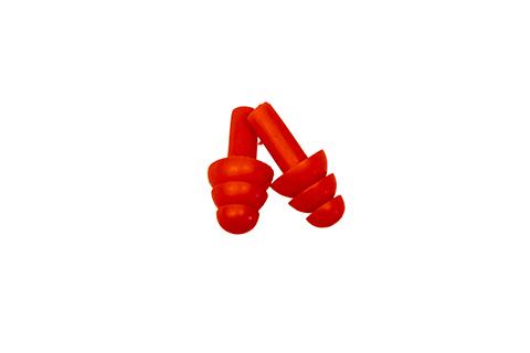 A pair of red silicone earplugs with a triple-flange design.