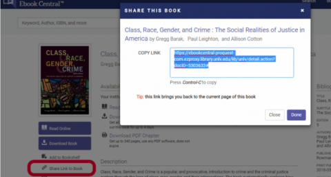 Screenshot of ebook central showing window that opens with link to ebook.