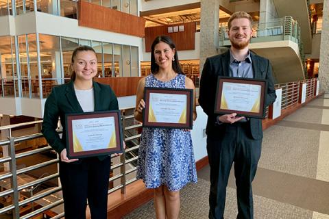 2021 Calvert Award for Undergraduate Research Winners Isabella Chung, Nathalie Martinez, and Michael Schwob.