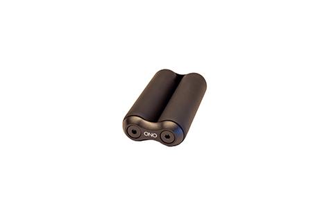 Black handheld fidget roller with two connected cylindrical rollers.