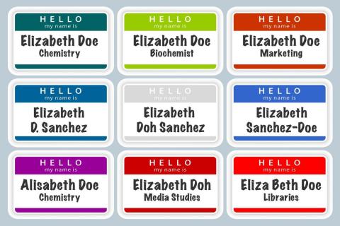 Name tags featuring variations of one person's name and job position.