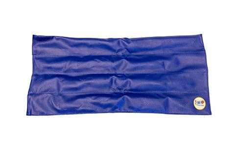 A rectangular blue weighted lap pad with lines of stitching.