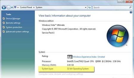 Screen shot of Windows Control Panel on Windows Vista or Windows 7 computer