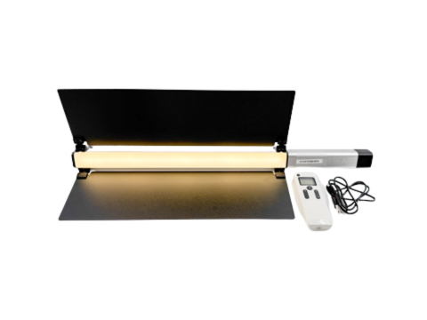 LED light stick with 2 doors attached at the wings accompanied by a white remote and a black usb-c cable.
