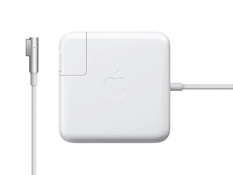 White L-tip cable and wall charger for MacBooks.