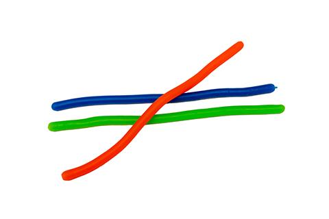 Three stretchy silicone Monkey Noodles in blue, green, and red.