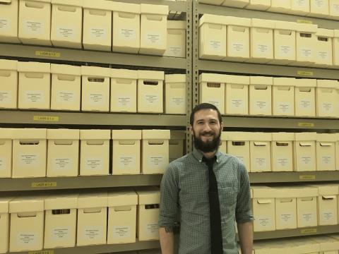Archivist Lindsay Oden with Eugene Martin Christiansen Papers