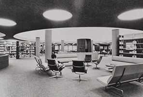 Black and white interior photo of seating area in the Nevada Southern University, Dickinson Library, second floor