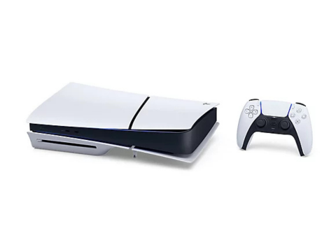 White and black PlayStation 5 console with white and black video game controller next to the console.