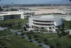 Aerial color photograph of the former James R. Dickinson Library on UNLV Campus