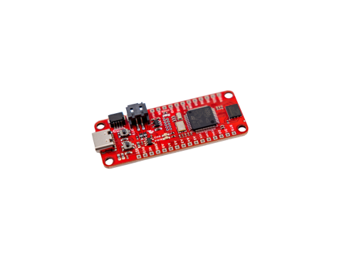 A red circuit board with black pin headers and silver usb type-b ports.