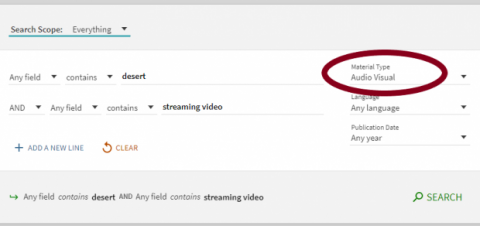 Screenshot shows material type has been limited to audio visual in Quick Search.