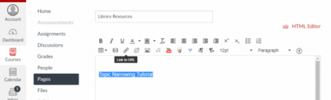 Screenshot showing chainlink icon selected on toolbar for adding a link to WebCampus.