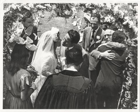 Edythe and Lloyd Katz, and their families on their wedding day, 1948. 