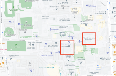 Map showing location of the Patent and Trademark Resource Center at UNLV.