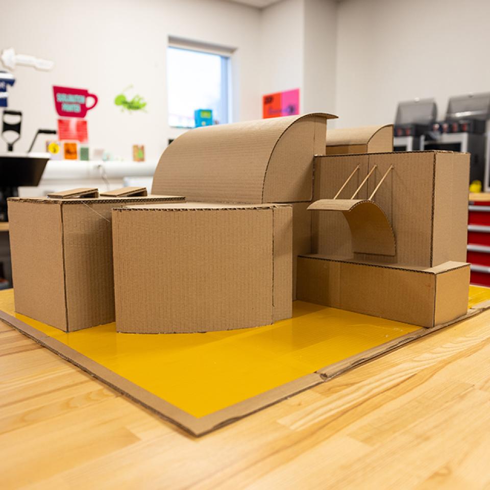 A cardboard model of Lied Library.