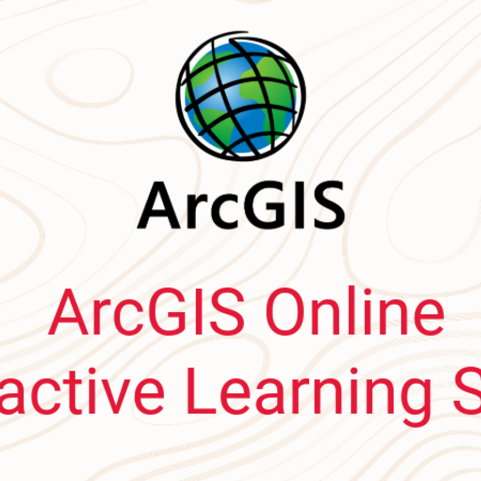 Logo and text for ArcGIS Online Interactive Learning Series with a globe icon.