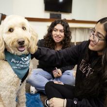 Two students pet a therapy dog wearing a bandana.