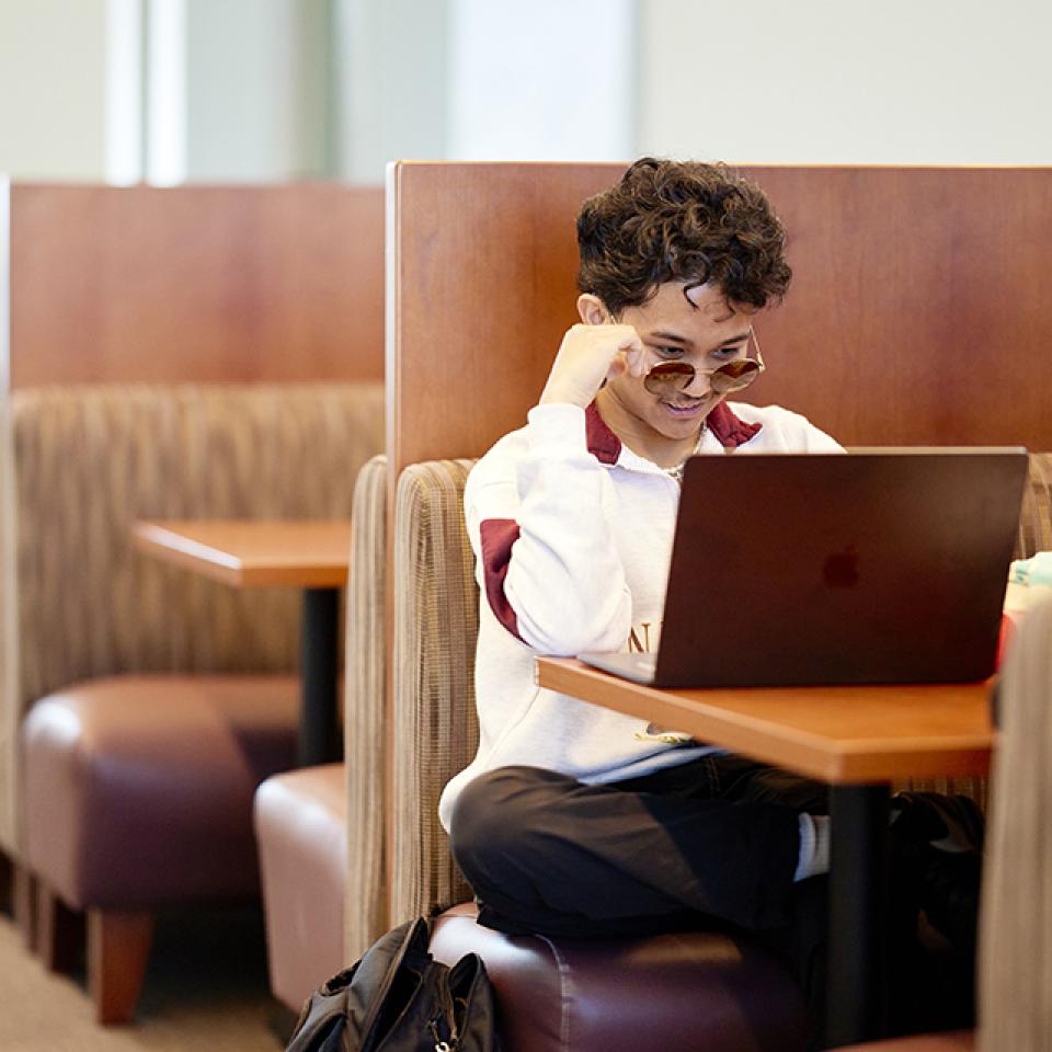 Person sitting in a booth, using a laptop in a quiet space.