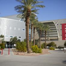 Exterior of Lied Library with palm trees and a large red UNLV banner.